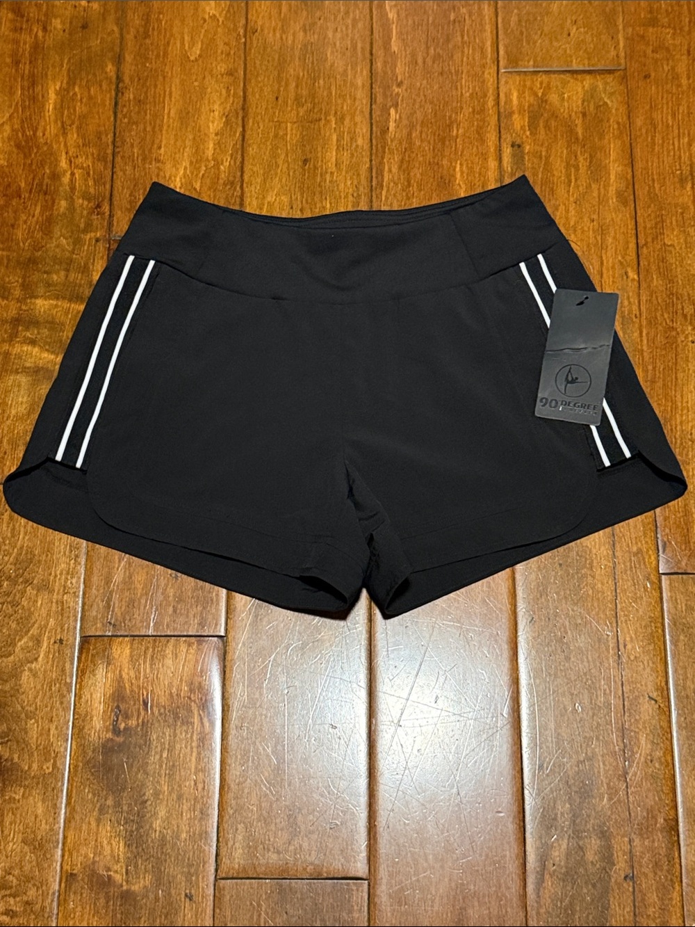 90 Degree By Reflex Black Athletic Shorts with White Side Stripes - Picture 1 of 4